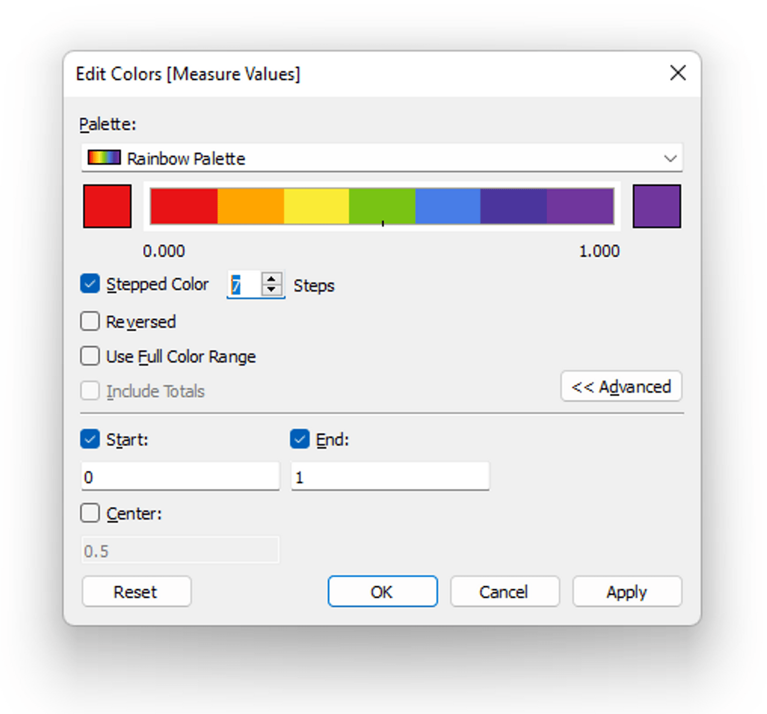 Screenshot of Tableau's UI showing 7 different colors in a diverging scheme, stepped.