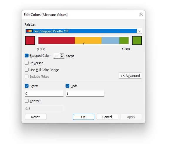 Screenshot of Tableau's UI showing the correctly ratioed 4 colors in the diverging scheme.