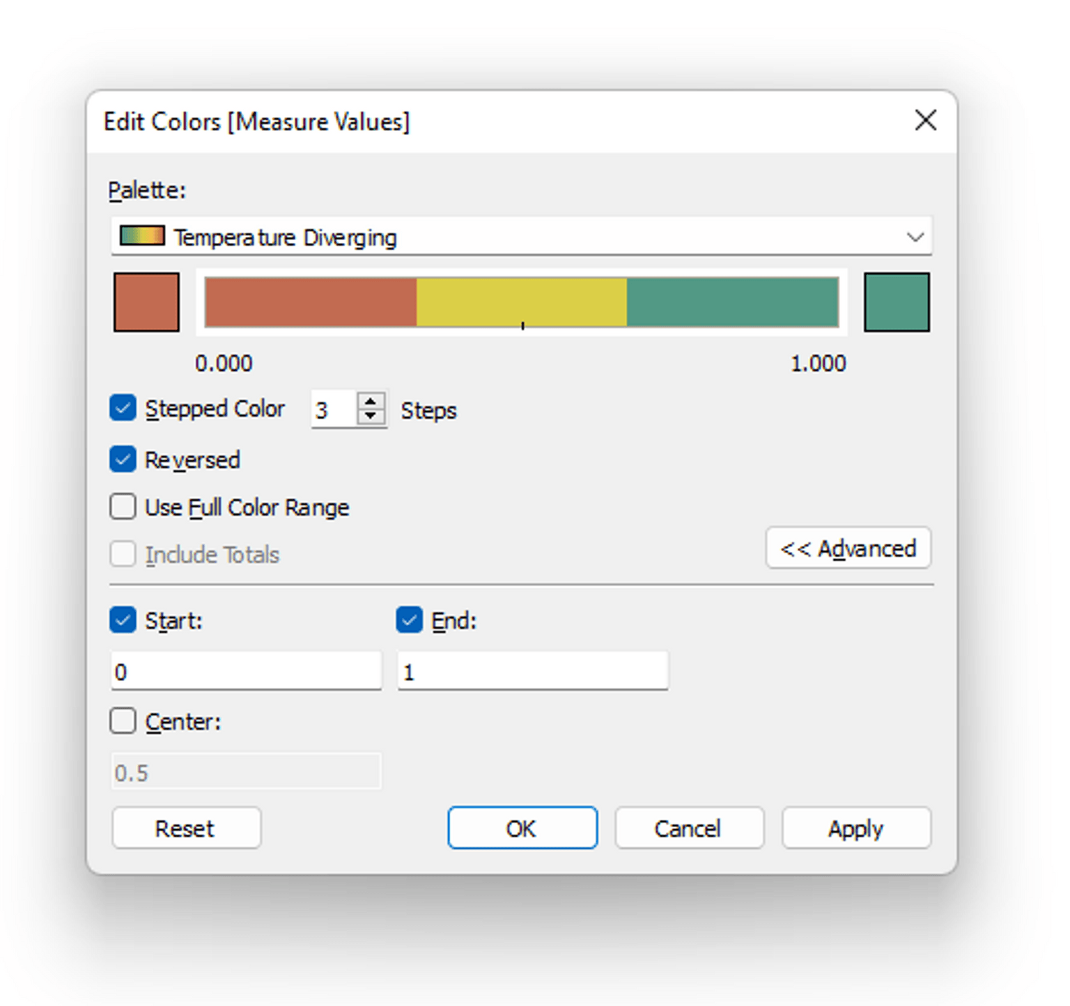 A screenshot from Tableau's UI showing the basic three colored stepped gradient color option.