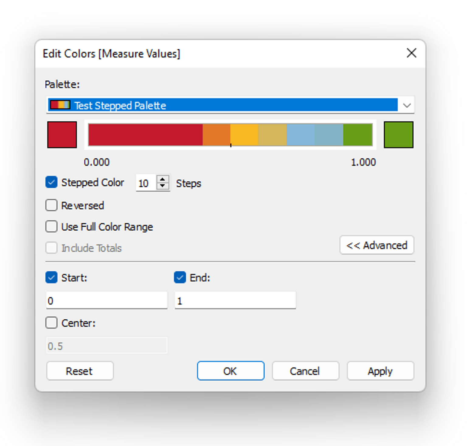 Screenshot of Tableau's UI showing the uneven stepped gradient with the colors bleeding into each other.