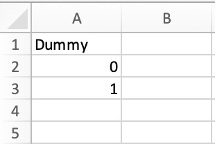 A screenshot of an Excel sheet with a single column named Dummy, and two rows with the values 0 and 1.