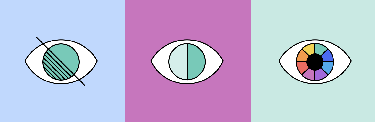 Illustrations of eyes representing from left to write: low vision, color contrast and color blindness
