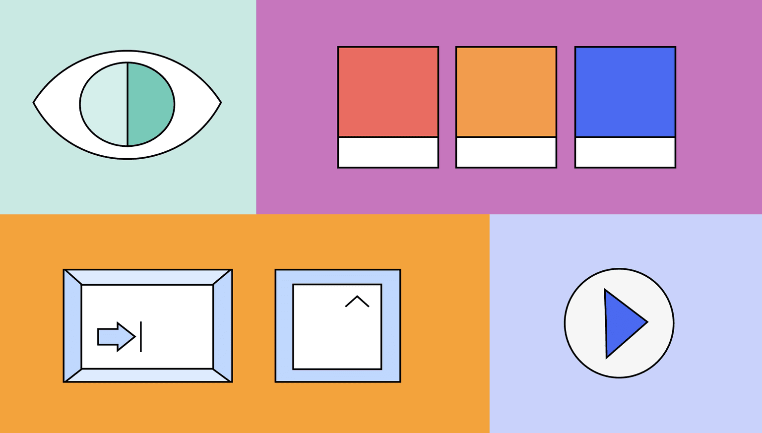 Illustration of low vision represented by an eye, accessible color palette showing red, orange and blue, keyboard navigation shown with shift and control buttons and an icon for play.
