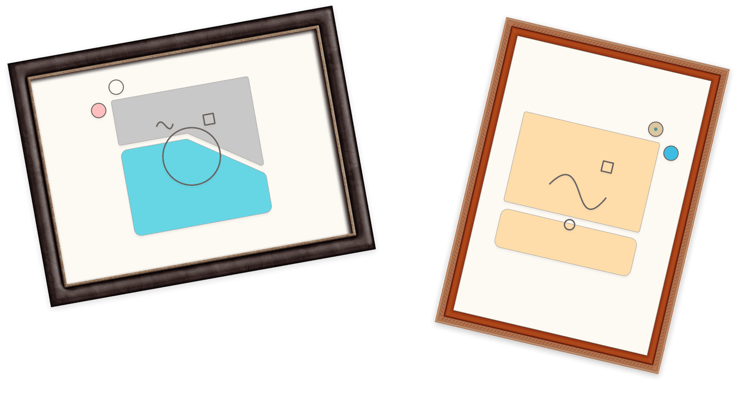 Two abstract data portraits in picture frames with a slight tilt to left and right.