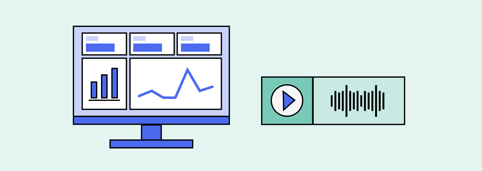 Illustration of a monitor showing a dashboard on the left and a play button with soundwaves representing the output of a screen reader. 