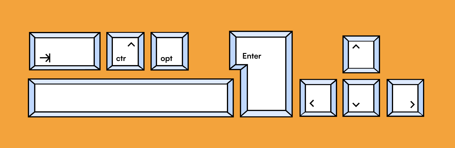 Illustration of keyboard keys that are used in keyboard navigation, from left to right, shift, control, enter and up, down, left, right keys. 