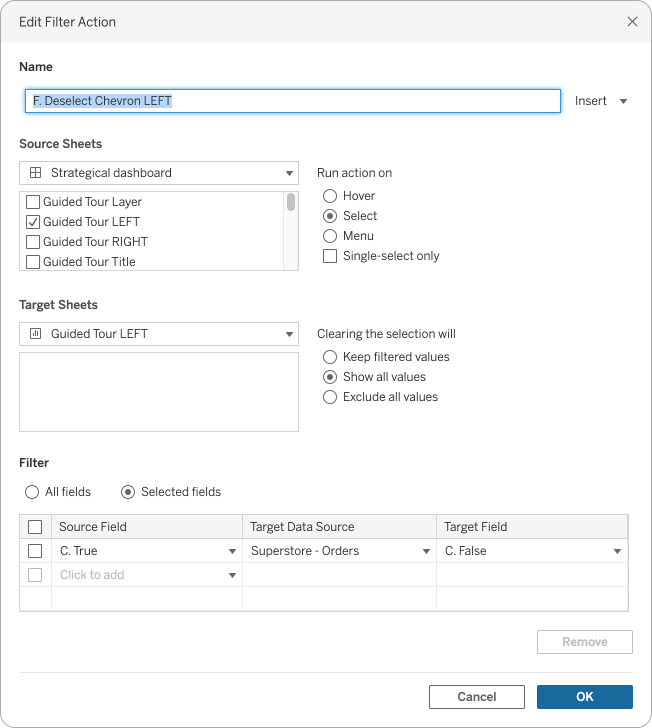 A screenshot of the Edit Filter Action menu with the relecant source sheet, target sheet and filtering fields selected.