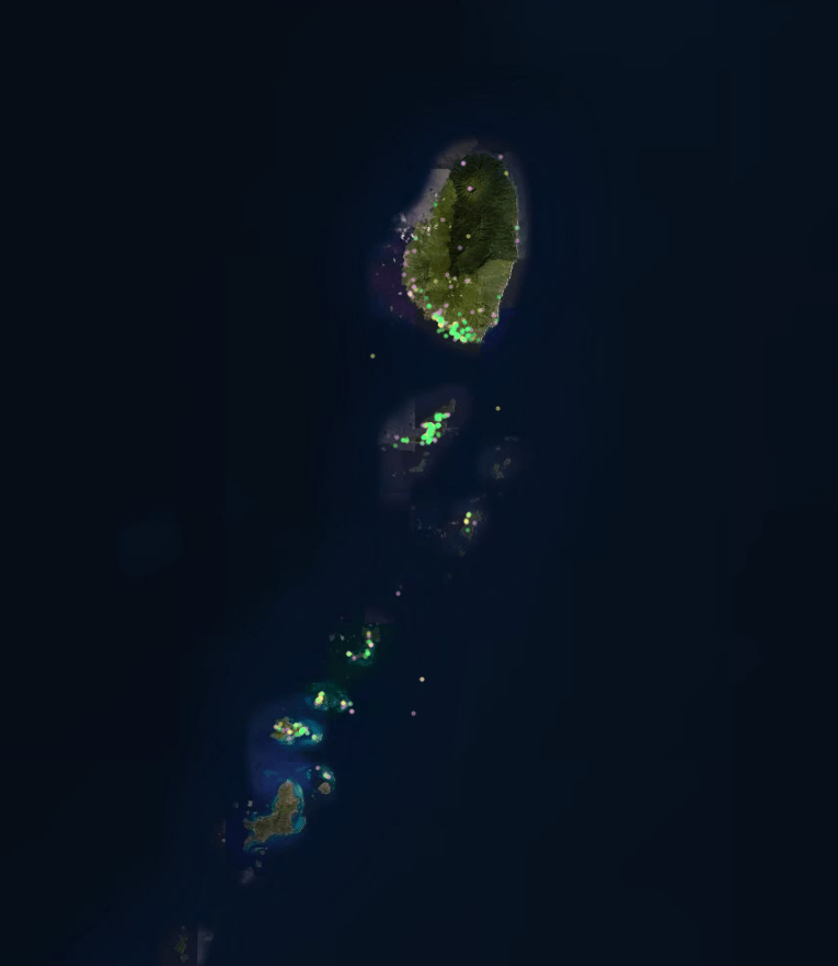 A dark-themed map showing the outline of Saint Vincent and the Grenadines with neon dots all over the islands. Patterns from the dots are not visible.