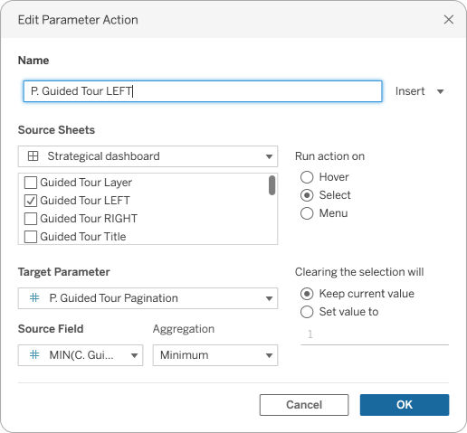 A screenshot of the Edit Parameter Action menu in Tableau desktop with the relevant worksheet, target parameter and source field selected.