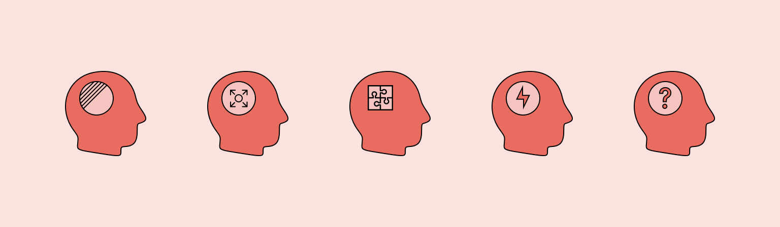 Illustrations of five human heads representing cognitive barriers such as brain injury, attention disorders, autism, depression and memory disorders